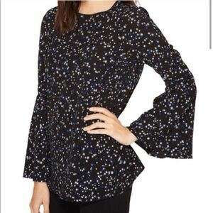 NWOT Michael Kors Shooting Star Bell Sleeve Tunic Top Black Silver and Blue Sm